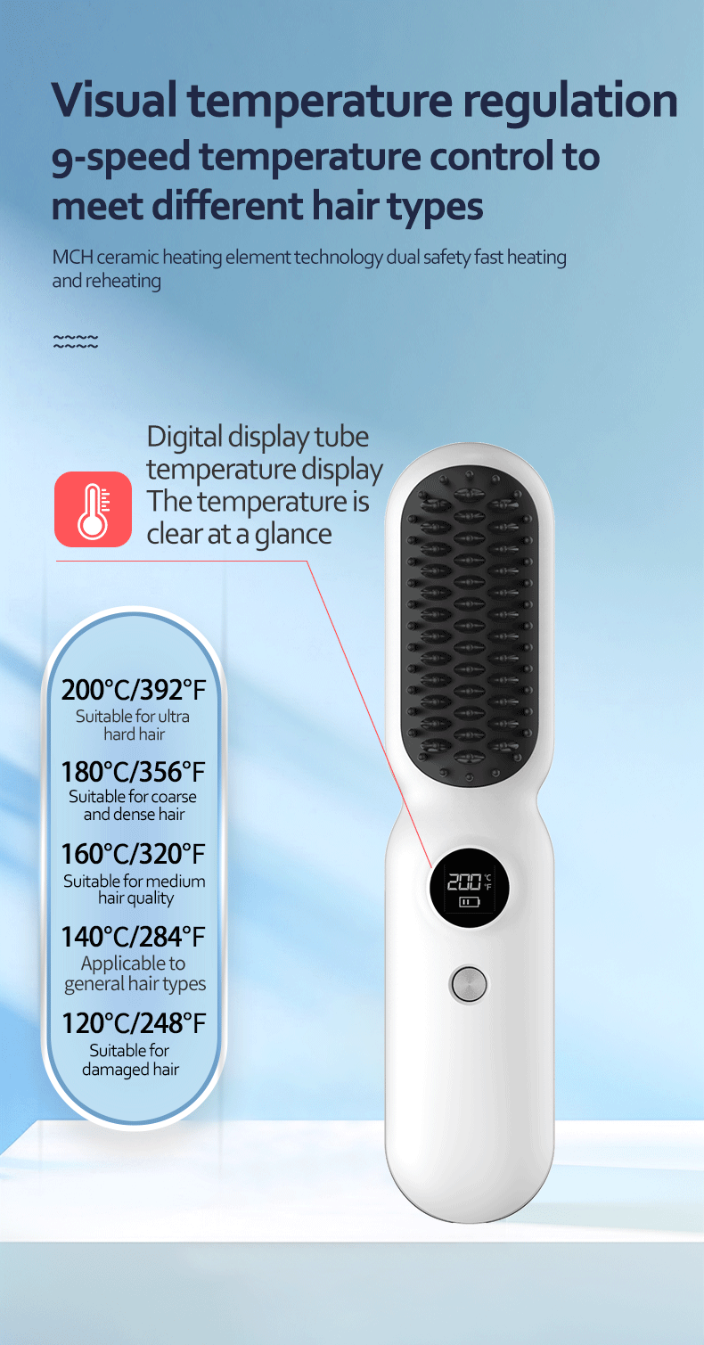 Cordless Hair Straightener Brush Portable Negative Ion Hot Comb Long Battery Life with USB Rechargeable Feature Fast Heating